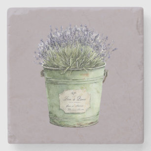 White Green Bucket Lavender Flowers Stone Coaster