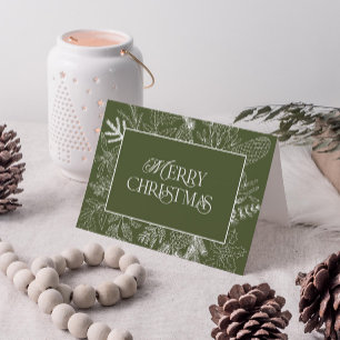 White & Green Christmas Botanical Line Art Photo H Holiday Card
