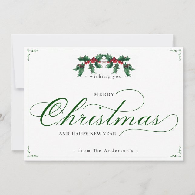  White Green Classic Merry Christmas New Year Card (Front)