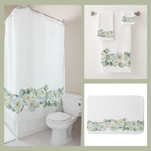 White green delicate watercolor roses leaves bath towel set