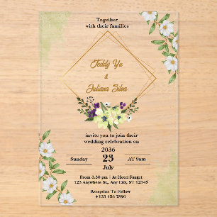 White Green Floral Acrylic Wedding Invitations