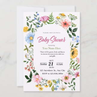 White & Green Floral Baby Shower Invitations Girl