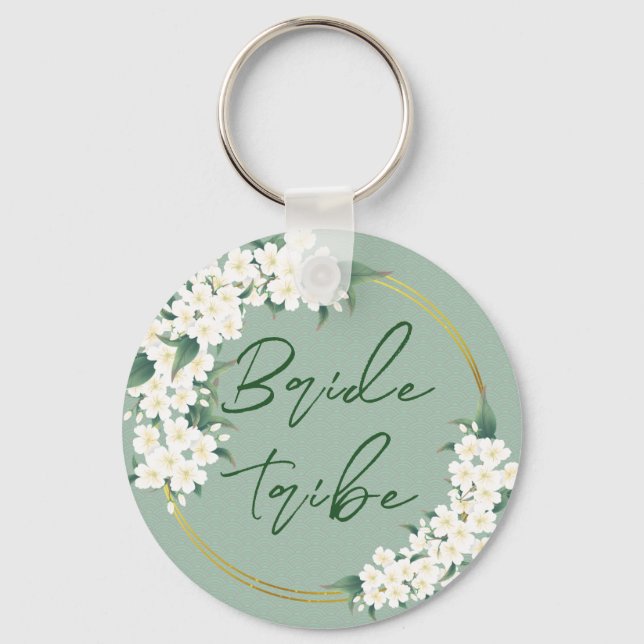 White Green Floral Bride Tribe Wedding Favour Key Ring (Front)