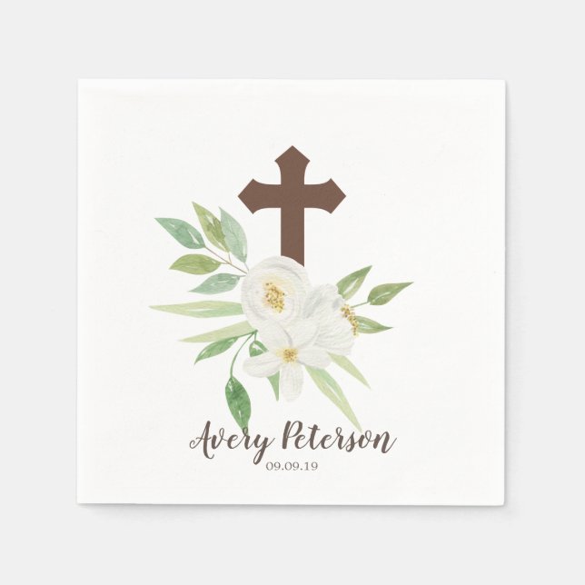 White & Green Floral Cross First Holy Communion Napkin (Front)