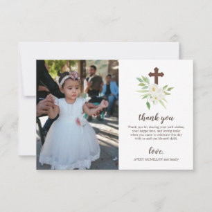 White & Green Floral Cross First Holy Communion Thank You Card