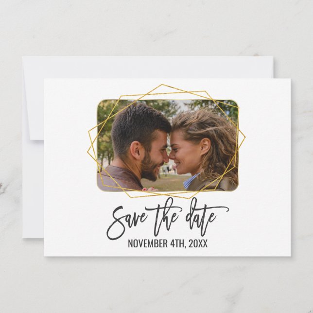 White Green Floral Gold Frame Photo Save The Date (Front)