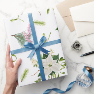 White Green Floral Illustrated Christmas Wrapping Paper