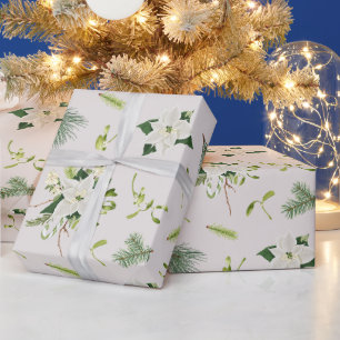 White Green Floral Illustrated Christmas Wrapping Paper