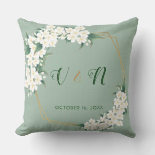 White Green Floral Monogram Wedding Keepsake Cushion