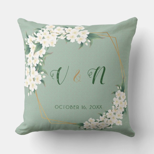 White Green Floral Monogram Wedding Keepsake Cushion (Front)