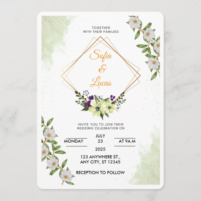 White & Green Floral Watercolor Wedding Invitation (Front)