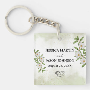 White Green Floral Watercolor Wedding Key Ring