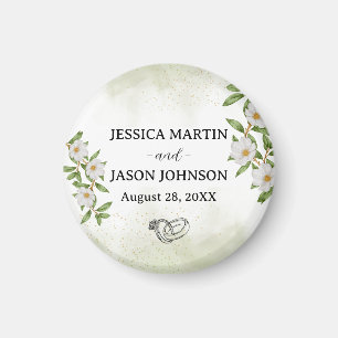White Green Floral Watercolor Wedding Magnet