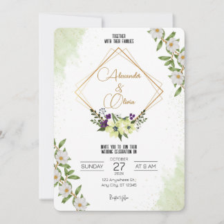 White Green Floral Wedding Invitation