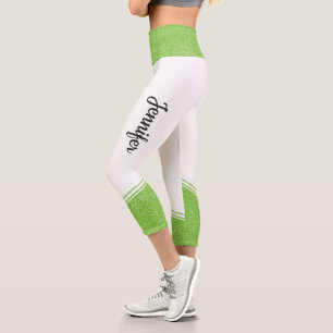 White & green floral white stripe name modern capri leggings