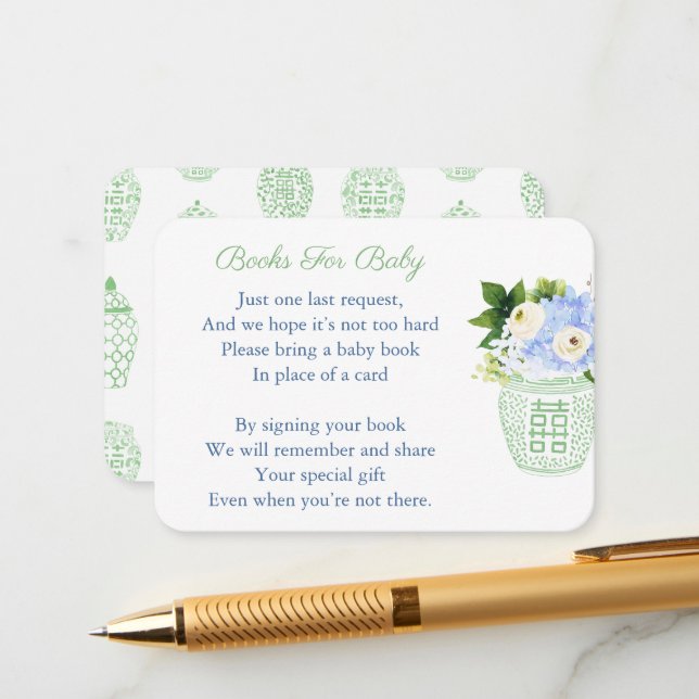 White Green Ginger Jar Bring A Book Baby Shower Enclosure Card (Front/Back In Situ)