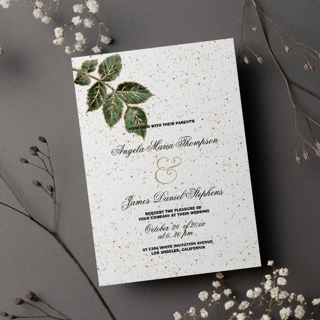 White green gold glitter leaf confetti wedding invitation (White green gold glitter leaf confetti wedding)