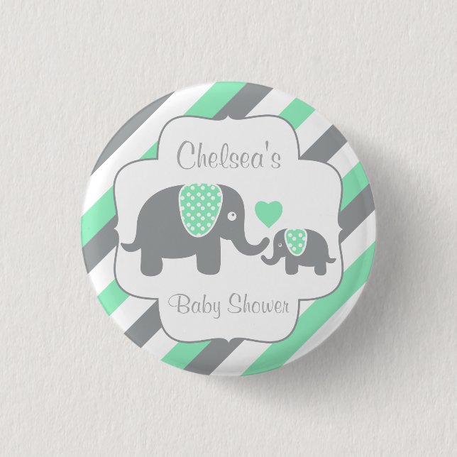 White, Green & Grey Stripe Elephants Baby Shower 3 Cm Round Badge (Front)