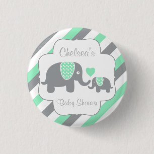 White, Green & Grey Stripe Elephants Baby Shower 3 Cm Round Badge