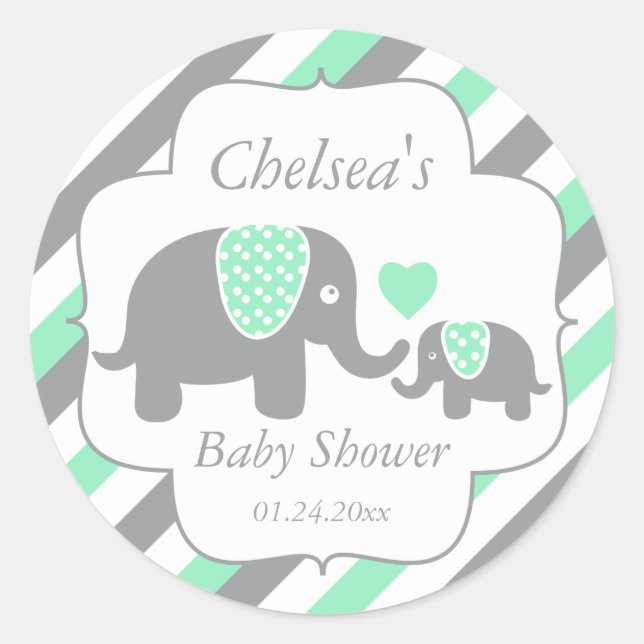 White, Green & Grey Stripe Elephants Baby Shower Classic Round Sticker (Front)