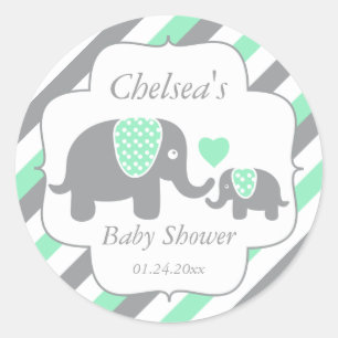 White, Green & Grey Stripe Elephants Baby Shower Classic Round Sticker
