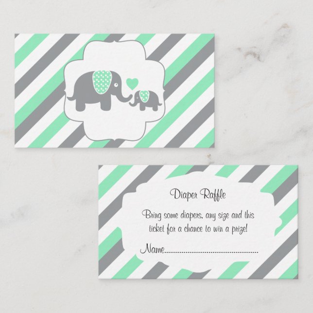 White, Green & Grey Stripe Elephants Diaper Raffle Enclosure Card (Front/Back)