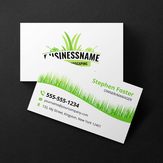 White Green Lawn Care Landscaping Mowing Lawncare Business Card (Creator Uploaded)