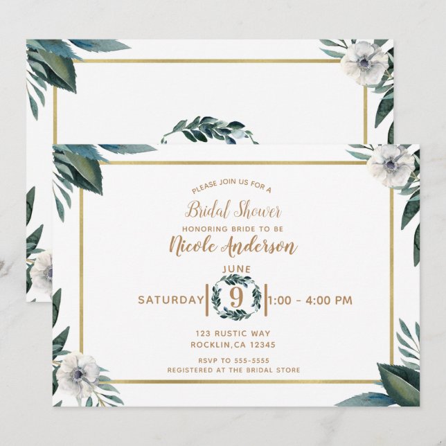 White Green Leaves Anemone Floral Bridal Shower Invitation (Front/Back)