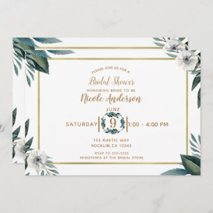 White Green Leaves Anemone Floral Bridal Shower Invitation