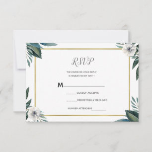 White Green Leaves Anemone Floral RSVP Reply Card