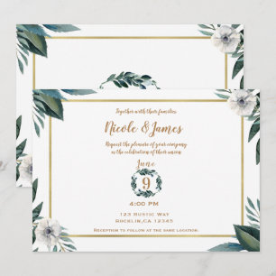 White Green Leaves Anemone Floral Wedding Invitation
