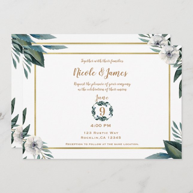 White Green Leaves Anemone Floral Wedding Invitation (Front/Back)