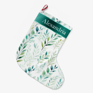 White Green Mint Leaves Christmas Name Large Christmas Stocking