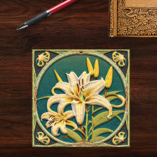 White Green Oriental Lily Art Nouveau Inspired Ceramic Tile
