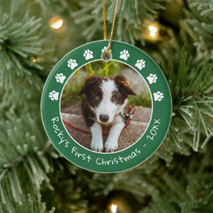 White Green Paw Prints Pet's First Christmas Photo Ceramic Ornament