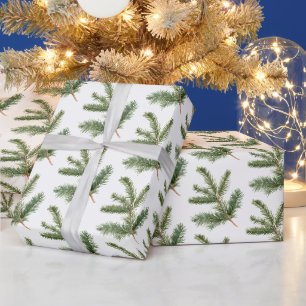 White Green Pine Tree Branches Christmas Wrapping Paper