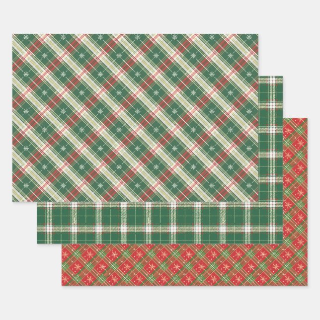 White, Green, Red Christmas Plaid Wrapping Paper Sheet (Set)