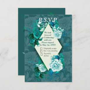 White/Green Rose Flowers on Green pattern paper  RSVP Card
