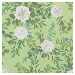 White Green Roses Floral Flowers Fabric