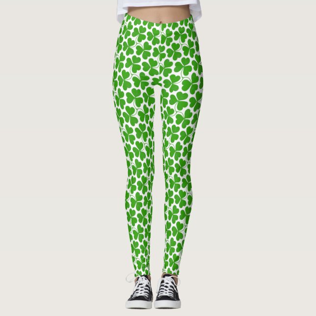 White & Green St Patrick's Day Shamrock Pattern Leggings (Front)