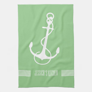 White & Green Stripes Nautical Boat Anchor Tea Towel