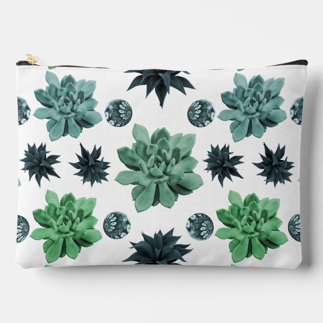 White Green Teal Botanical Garden Pattern Accessory Pouch (Front)
