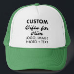 White & Green Trucker Hat Custom Gifts for Him<br><div class="desc">Custom Gifts for Him personalised White & Green Trucker Hat. Upload logo, photo, image, design and add your own text to make your own personalised birthday, Christmas, Father's Day, Valentine's Day celebration, office gifts for him (man, men, husband, boyfriend, father, dad, young man, son). GET BIG SAVINGS WITH MULTIPLE PURCHASE...</div>
