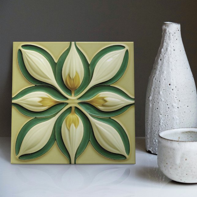 White Green Tulips Symmetric Art Deco Ceramic Tile (Creator Uploaded)