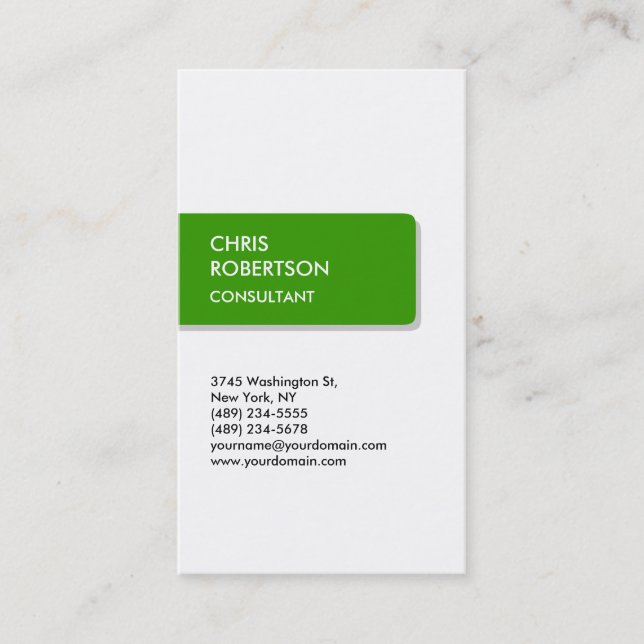 White Green Unique Vertical Chic Business Card (Front)