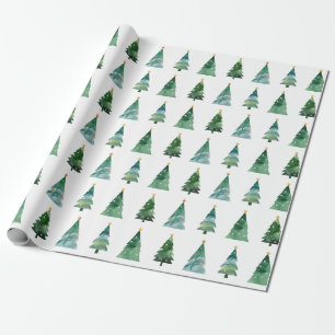 White Green Watercolor Festive Winter Tree Wrapping Paper