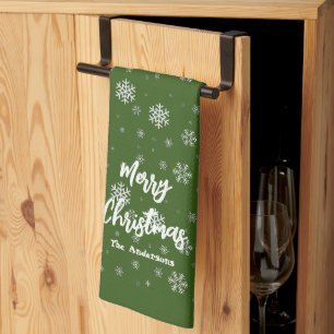 White Green Winter Snow Modern Merry Christmas Tea Towel
