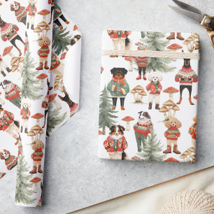 White Green Woodland Dog Christmas Wrapping Paper