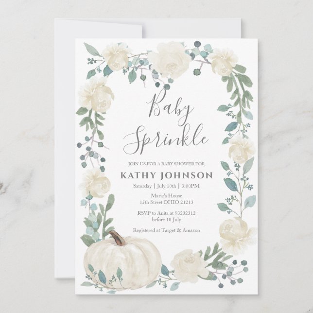 White Greenery Pumpkin Baby Sprinkle Invitation (Front)