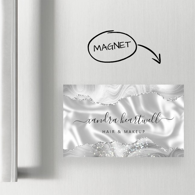 White Grey Agate Silver Glitter Luxury Magnetic Business Card (Creator Uploaded)